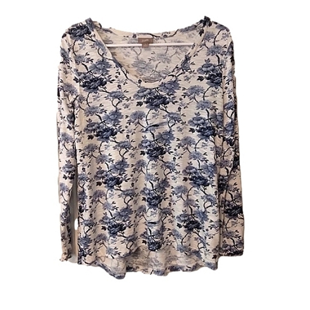 J. Jill Super Soft‎ Cotton Modal Blend Blue Floral Long Sleeve V-Neck T-shirt